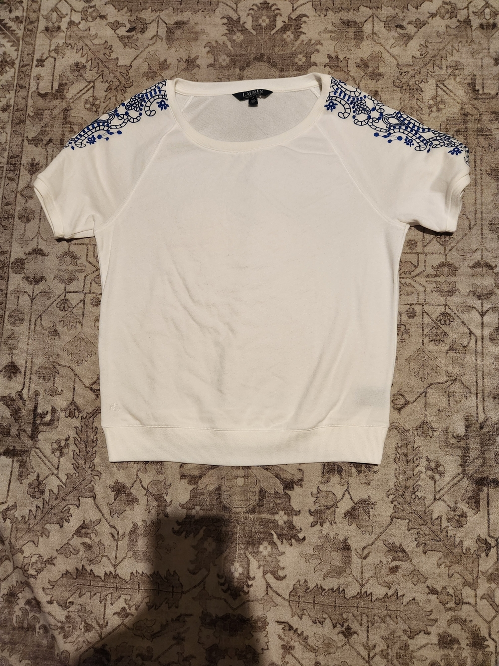 LAUREN Ralph Lauren White Short-Sleeve Top with Blue Shoulder Embroidery